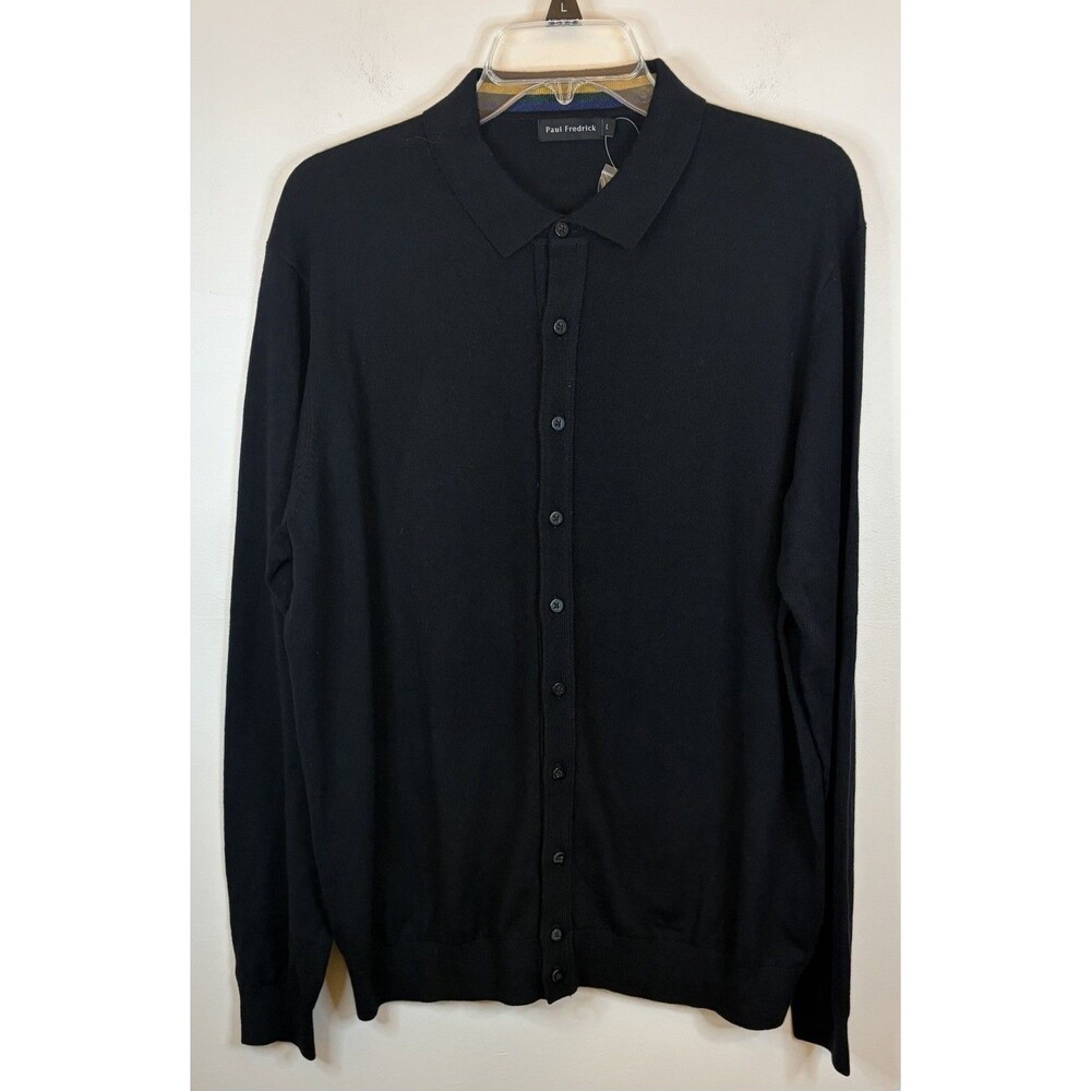 PAUL FREDRICK Silk Cashmere Cotton Black Button Cardigan Large LS Collar Luxury